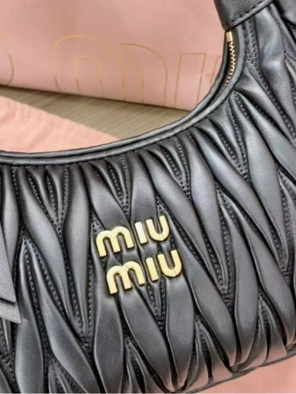 Miu Miu Black Quilted Leather Hobo with Gold Logo Hardware